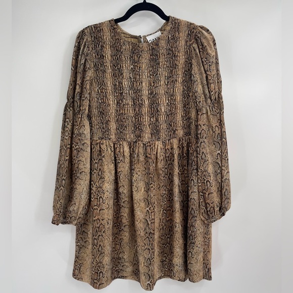 Ganni Long Sleeve Smocked Dress  Light Brown Snakeskin Print Size 38 Us Size 6 - Picture 2 of 13